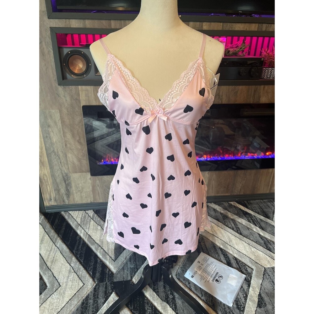 Ambrielle Pink Heart Print Lace Trim Chemise Nightgown